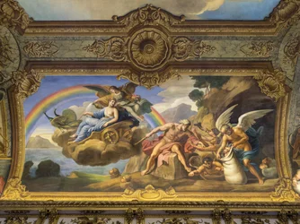 Luftallegorie, die Eole und Junon darstellt. Deckenmalerei der Galerie dorée, von Francois Perrier (1594-1649), 1645. Banque de France. Hotel de Toulouse, ehemaliges Hotel de la Villiere, Paris